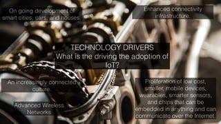 7
Advanced Wireless
Networks
Proliferation of low cost,
smaller, mobile devices,
wearables, smarter sensors,
and chips that can be
embedded in anything and can
communicate over the Internet.
On going development of
smart cities, cars, and houses.
Enhanced connectivity
infrastructure.
An increasingly connected
culture.
TECHNOLOGY DRIVERS
What is the driving the adoption of
IoT?
 