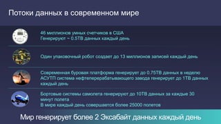 7
Мир генерирует более 2 Эксабайт данных каждый день
Потоки данных в современном мире
46 миллионов умных счетчиков в США
Генерируют ~ 0.5TB данных каждый день
Бортовые системы самолета генерируют до 10TB данных за каждые 30
минут полета
В мире каждый день совершается более 25000 полетов
Современная буровая платформа генерирует до 0.75TB данных в неделю
АСУТП система нефтеперерабатывающего завода генерирует до 1TB данных
каждый день
Один упаковочный робот создает до 13 миллионов записей каждый день
 