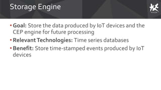 Storage Engine
• Goal: Store the data produced by IoT devices and the
CEP engine for future processing
• RelevantTechnologies: Time series databases
•Benefit: Store time-stamped events produced by I0T
devices
 