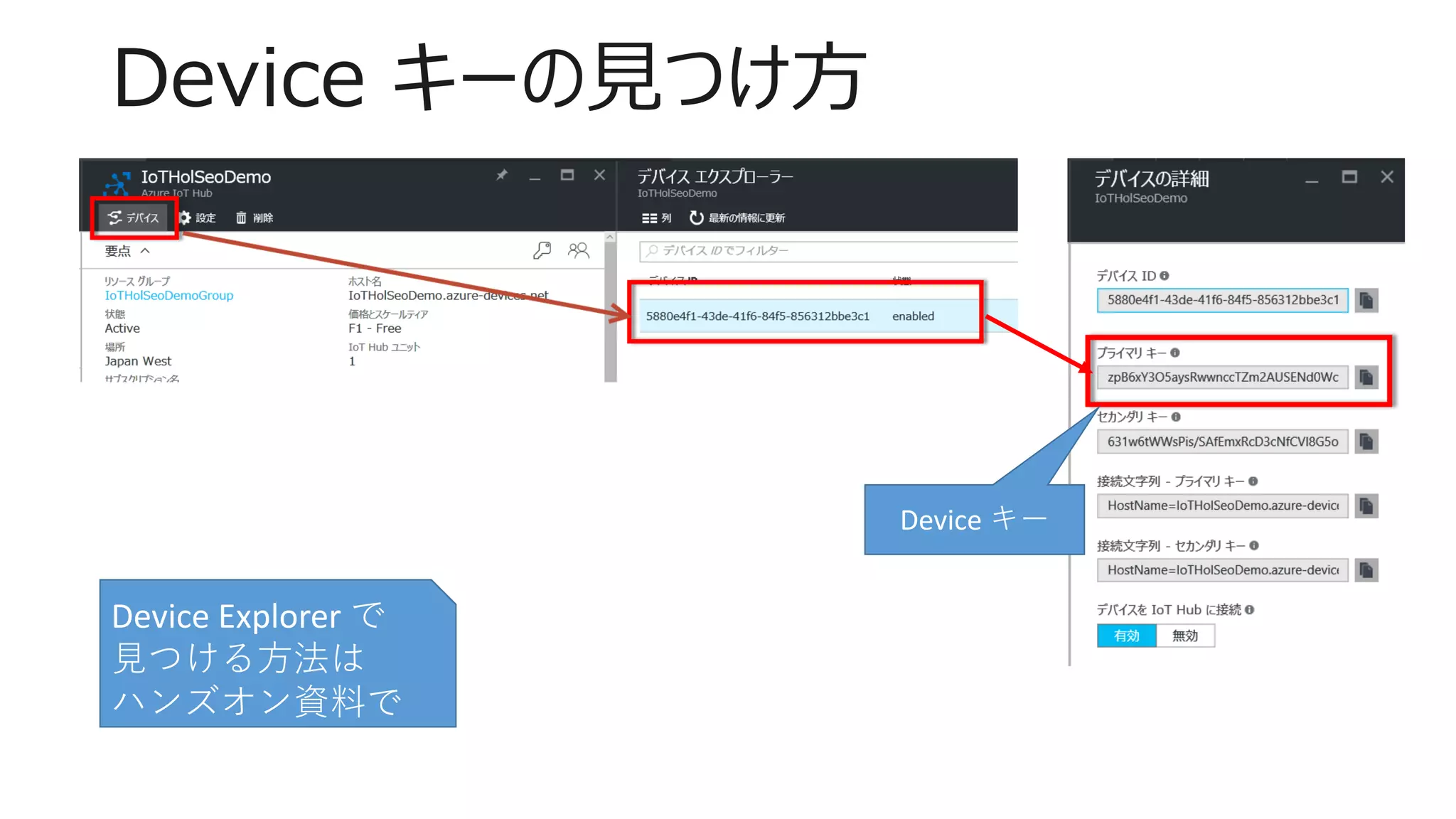 Device キーの見つけ方
Device キー
Device Explorer で
見つける方法は
ハンズオン資料で
 
