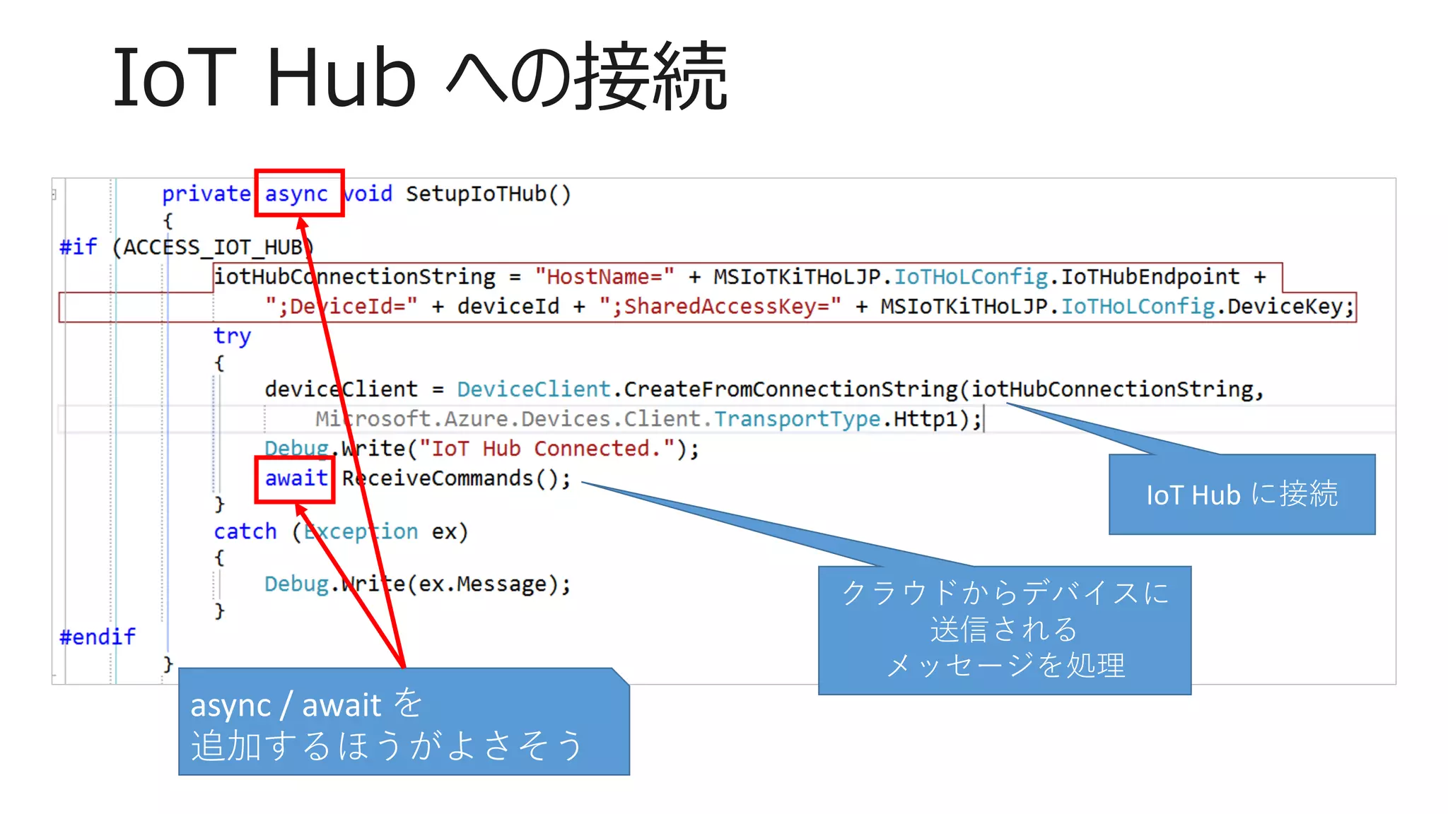 IoT Hub への接続
IoT Hub に接続
クラウドからデバイスに
送信される
メッセージを処理
async / await を
追加するほうがよさそう
 