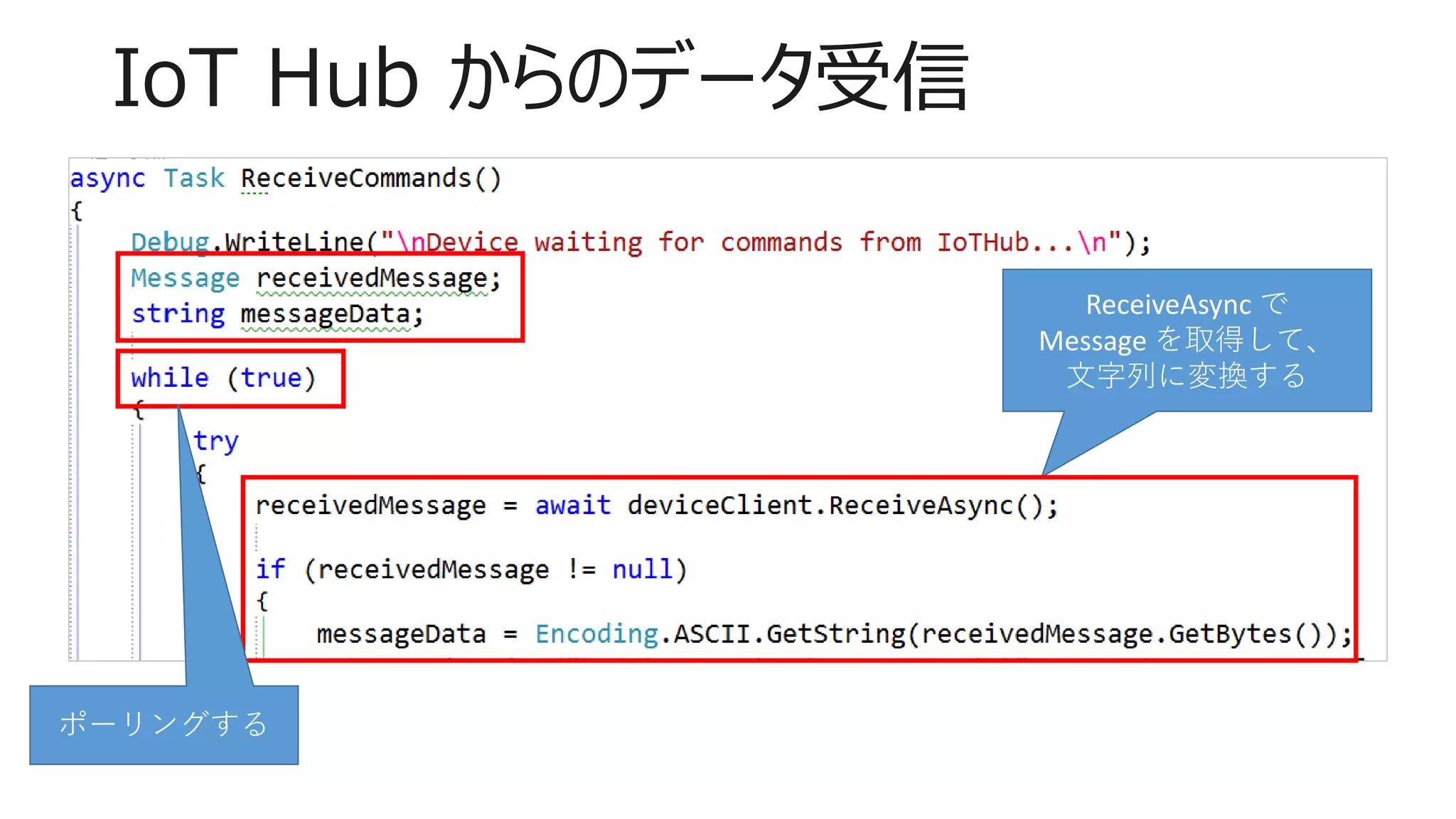 IoT Hub からのデータ受信
ReceiveAsync で
Message を取得して、
文字列に変換する
ポーリングする
 