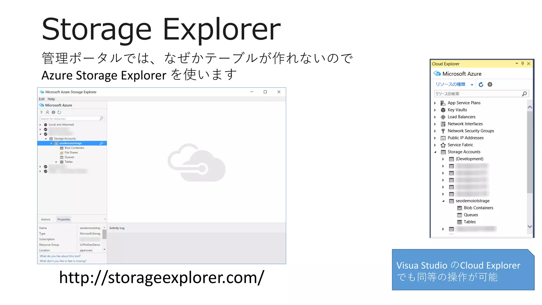 Storage Explorer
Visua Studio のCloud Explorer
でも同等の操作が可能
管理ポータルでは、なぜかテーブルが作れないので
Azure Storage Explorer を使います
http://storageexplorer.com/
 