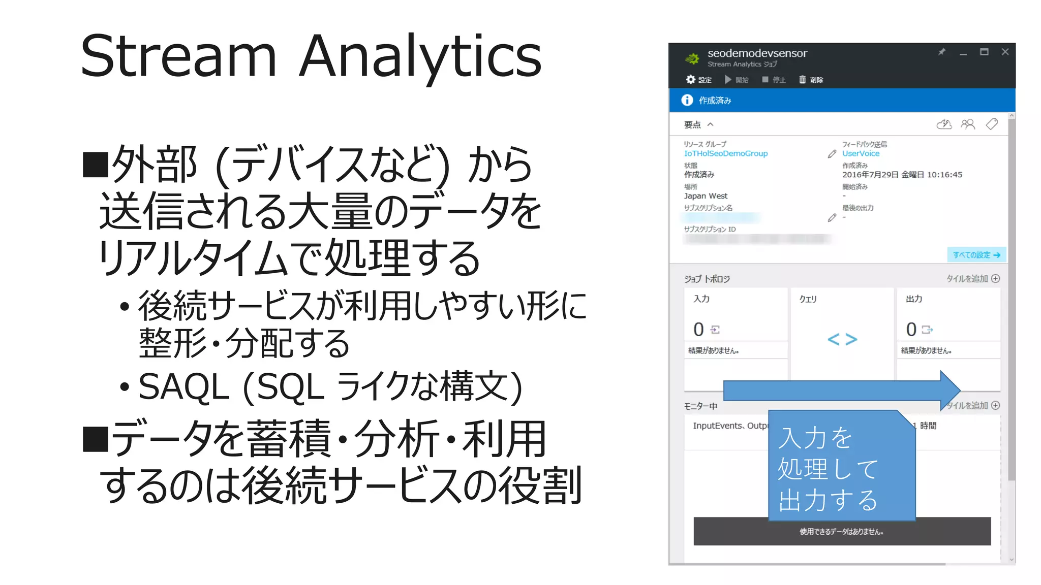 Stream Analytics
外部 (デバイスなど) から
送信される大量のデータを
リアルタイムで処理する
• 後続サービスが利用しやすい形に
整形・分配する
• SAQL (SQL ライクな構文)
データを蓄積・分析・利用
するのは後続サービスの役割
入力を
処理して
出力する
 
