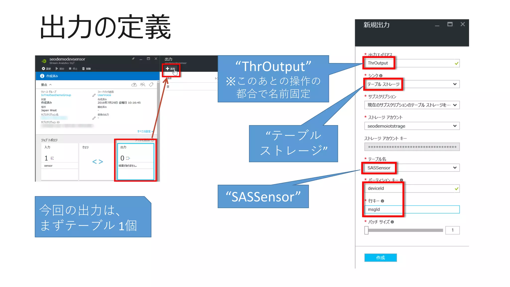 出力の定義
今回の出力は、
まずテーブル 1個
“ThrOutput”
※このあとの操作の
都合で名前固定
“テーブル
ストレージ”
“SASSensor”
 