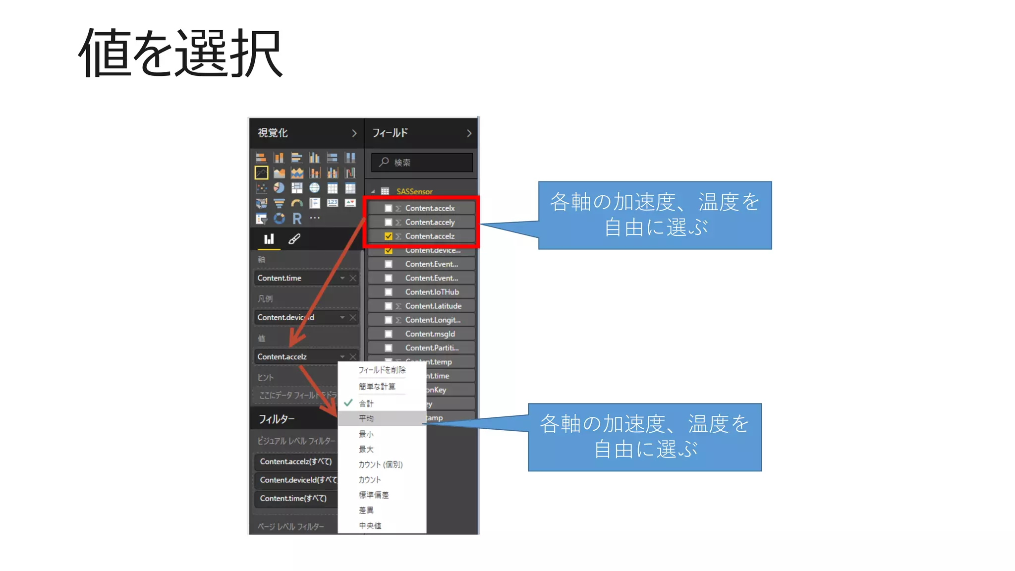 値を選択
各軸の加速度、温度を
自由に選ぶ
各軸の加速度、温度を
自由に選ぶ
 