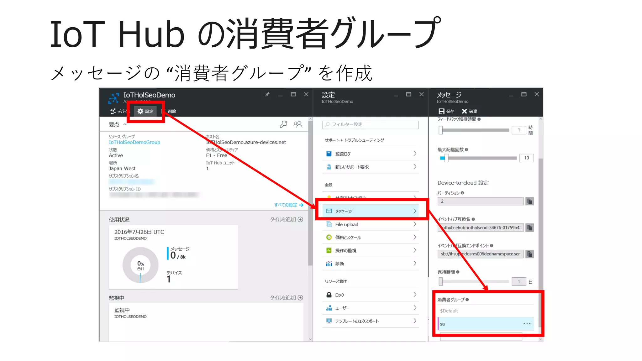 IoT Hub の消費者グループ
メッセージの “消費者グループ” を作成
 