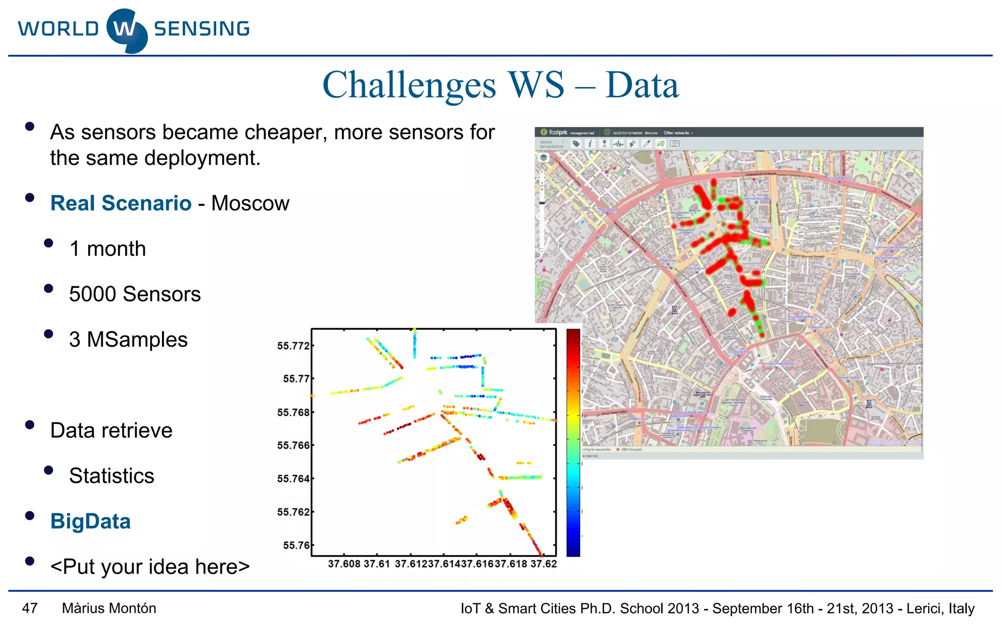 IoT & Smart Cities Ph.D. School 2013 - September 16th - 21st, 2013 - Lerici, ItalyMàrius Montón47
Challenges WS – Data
• As sensors became cheaper, more sensors for
the same deployment.
• Real Scenario - Moscow
• 1 month
• 5000 Sensors
• 3 MSamples
• Data retrieve
• Statistics
• BigData
• <Put your idea here>
 
