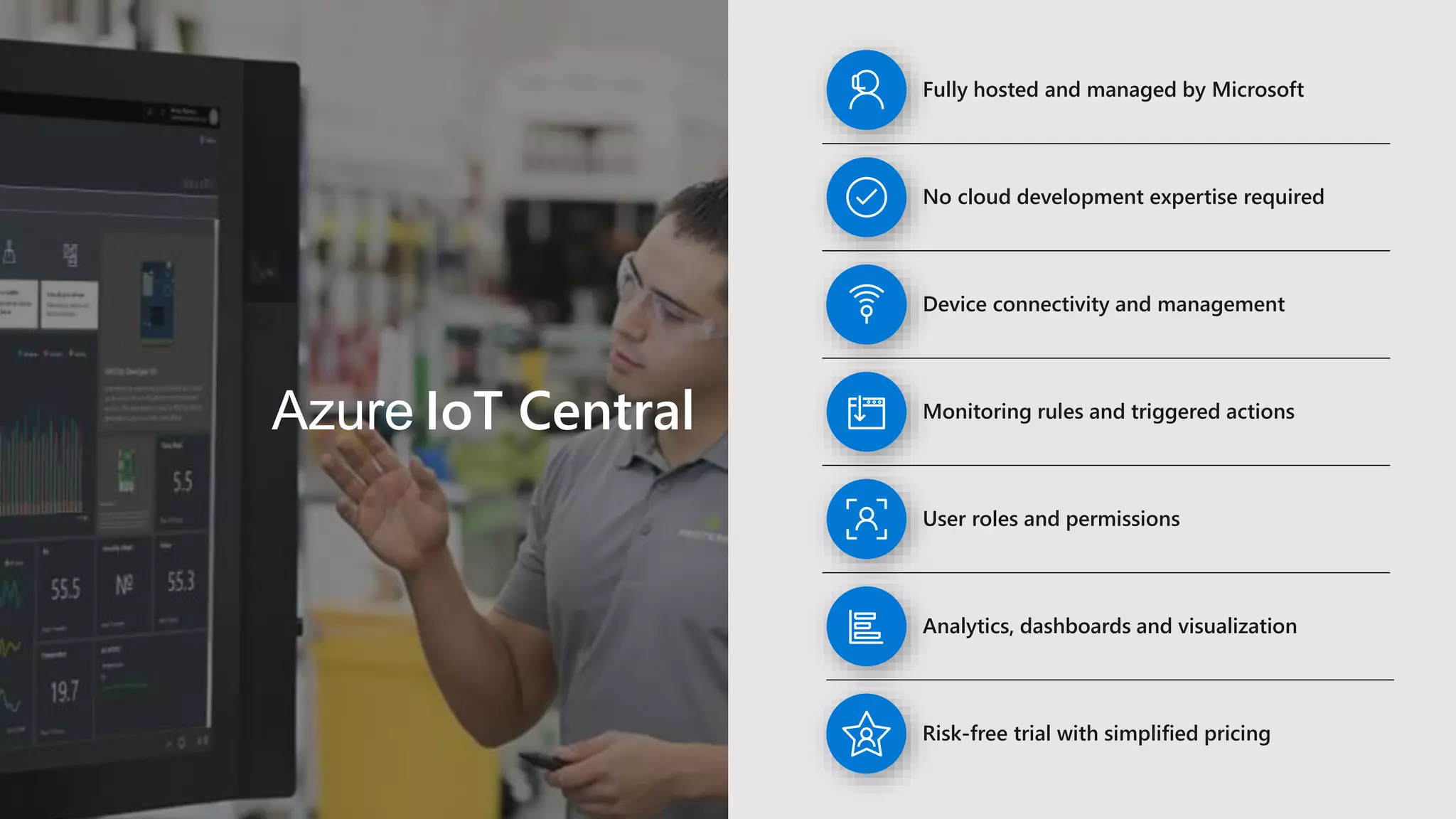 Azure IoT Central
Analytics, dashboards and visualization
User roles and permissions
Monitoring rules and triggered actions
Fully hosted and managed by Microsoft
Device connectivity and management
Risk-free trial with simplified pricing
No cloud development expertise required
 