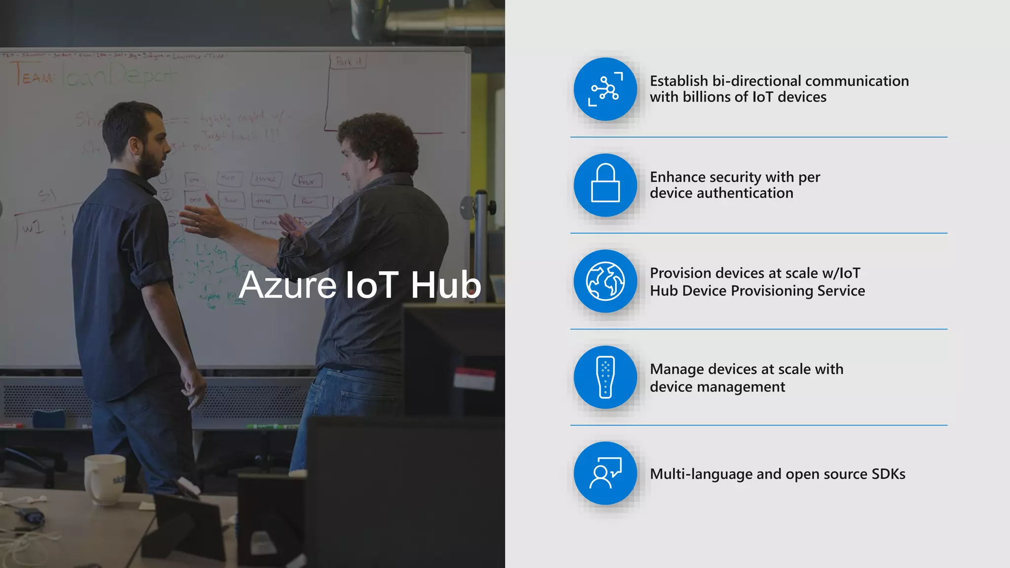 Azure IoT Hub
Provision devices at scale w/IoT
Hub Device Provisioning Service
Establish bi-directional communication
with billions of IoT devices
Enhance security with per
device authentication
Multi-language and open source SDKs
Manage devices at scale with
device management
 