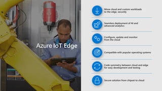 Azure IoT Edge
Compatible with popular operating systems
Code symmetry between cloud and edge
for easy development and testing
Secure solution from chipset to cloud
Move cloud and custom workloads
to the edge, securely
Seamless deployment of AI and
advanced analytics
Configure, update and monitor
from the cloud
 