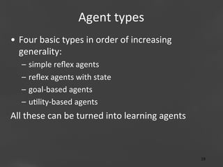 Agent	
  types
	
  
•  Four	
  basic	
  types	
  in	
  order	
  of	
  increasing	
  
generality:	
  
–  simple	
  reﬂex	
  agents	
  
–  reﬂex	
  agents	
  with	
  state	
  
–  goal-­‐based	
  agents	
  
–  u;lity-­‐based	
  agents	
  

All	
  these	
  can	
  be	
  turned	
  into	
  learning	
  agents	
  

Page 19
19	
  

 