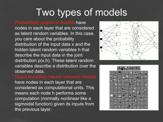 Two types of models
•  Probabilistic graphical models have
nodes in each layer that are considered
as latent random variables. In this case,
you care about the probability
distribution of the input data x and the
hidden latent random variables h that
describe the input data in the joint
distribution p(x,h). These latent random
variables describe a distribution over the
observed data.
•  Direct encoding (neural network) models
have nodes in each layer that are
considered as computational units. This
means each node h performs some
computation (normally nonlinear like a
sigmoidal function) given its inputs from
the previous layer.
Page 36

 