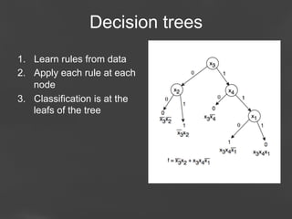 Decision trees
1.  Learn rules from data
2.  Apply each rule at each
node
3.  Classification is at the
leafs of the tree

Page 37

 