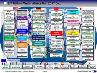  FRONTIER-ONE Inc. 2017, Keiichiro Nabeno Page 1
IoT Platform Vendor Alliance Map 2017 Dec.
DENSO
DP-Factory IoT
Saison Info-Sys.
HULFT IoT
KOMATSU
LANDLOG
b-en-g
b-en-g IoT
NTT Data Intra-mart
IM-IoT
CISCO
Cisco Kinetic
AT&T
AT&T IoT
Dassault
3DEXPERIENCE
Soracom(KDDI)
SORACOM IoT
Hitachi Hi-Tech
Flutura/Crebra
Schneider Elec.
EcoStruxure
Nokia
IMPACT
ABB
ABB Ability
Ericsson
Device Connectivity
KONICA MINOLTA
Workplace Hub
Yokogawa
IIoT Architecture
Honeywell
Uniformance Suite
Samsung
ARTIK
AWS
AWS IoT
Siemens
MindSphere
FANUC
FIELD system
Deutsche Telekom
Open Telecom Cloud
Mitsubishi Elec.
FA-IT-Open/Edgecross
NTT Com
Things/SkyWay
NTT Group
SAP / NTT IoT
NTT Docomo/
OPTiM: LANDLOG
ZTE
ThingxCloud
HITACH
Lumada2.0
Microsoft
Azure IoT
KUKA
Azure IoT
Tencent
QQ IoT
China Telecom
SAP / Ericsson
Bosch
Bosch IoT Cloud
Oracle
Oracle IoT
Toshiba, SPINEX
Meister IoT/Predix
IBM
Watson IoT
OSIsoft
PI System
TIS
MONOweb
Phoenix Contact
PROFICLOUD
FPT
MindShpere
SIMTech
MCT Platform
Advantech
WISE-PaaS
NEC
WISE IoT/Predix
Panasonic
μ Sockets
OMRON
i-Automation/i-BELT
MKI
MKI IoT Platform
China Mobile
OneNet/EricssonTRUMPF
AXOOM IoT
Google
Cloud IoT Core
Dell Technologies
IQT
JTEKT
IoE Solution
AIRBUS
Skywise
Flutura
Cerebra
欧州（ドイツ以外）
Carriots
ecosystem
Salesforce
Salesforce IoT
PTC
ThingWorx
ORBCOMM
iApp
AutoDesk
A360/Forge
CyberVision
Kaa IoT
Beckoff Automation
TwinCAT IoT
Alibaba
Alibaba IoT/Predix
Baidu
BAIDU IoT
NSW
TOAMI
GE Digital
Predix
SAP (Leonardo)
SAP Cloud Platform
Fujitsu
COLMINA
Hauwei
Hauwei IoT
DMG Mori/ZEISS
ADAMOS IIoT
 