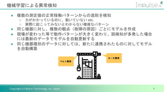 Copyright (c) Brains Technology, Inc. Japan
機械学習による異常検知
9
● 複数の測定値の正常稼働パターンからの逸脱を検知
○ 力がかかっているのに、動いていない etc.
○ 実際に起こってみないとわからない複雑なパターン
● 同じ機器に対し、複数の観点（故障の原因）ごとにモデルを作成
● 現場が変わった等で動作パターンが大きく変わり、誤検知が多発した場合
には最新のデータでモデルを自動更新する
● 同じ機器種別のデータに対しては、新たに連携されたものに対してモデル
を自動構築
モータ異常
ベルト異常
 