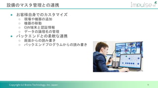 Copyright (c) Brains Technology, Inc. Japan
設備のマスタ管理との連携
11
● お客様自身でのカスタマイズ
○ 現場や機器の追加
○ 機器の移動
○ GW端末と認証情報
○ データの論理名の管理
● バックエンドとの柔軟な連携
○ 画面からの読み書き
○ バックエンドプログラムからの読み書き
 