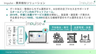 Copyright (c) Brains Technology, Inc. Japan
Impulse - 異常検知ソリューション
4
予知保全・保守
＜異常検知・故障予兆検知・劣化診断＞
品質管理・改善
＜不良品検出・不具合要因分析・最適化＞
■ データ加工・整理からモデル運用まで、AI分析の全プロセスをサポートす
るオールインワンのAIプラットフォーム。
■ 2014年、市場に先駆けサービス提供を開始し、製造業・建設業・IT業の大
手企業を中心に100社、12,000を超える機械学習のモデル運用を支えていま
す。
製造業 建築業 IT
 