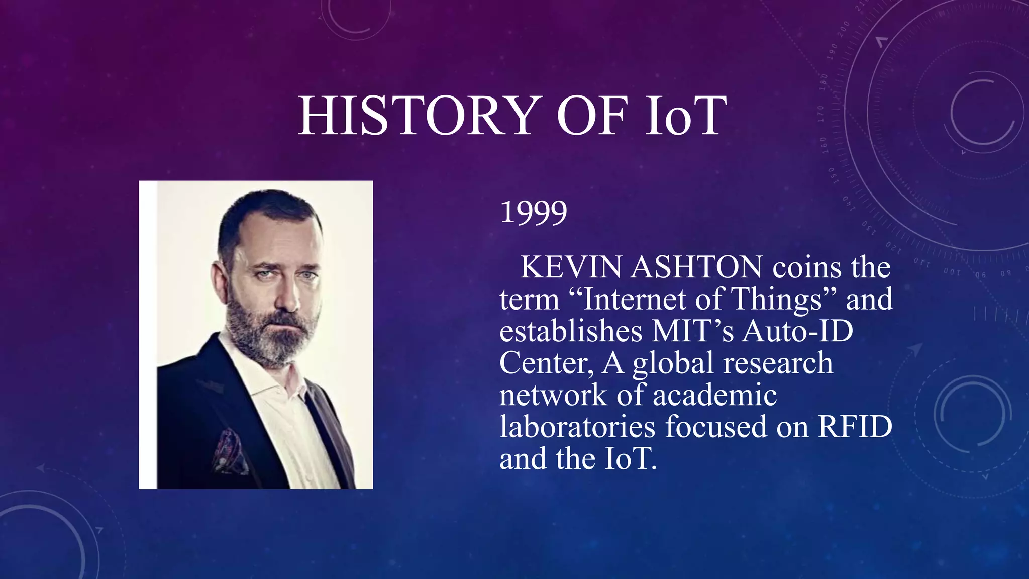 HISTORY OF IoT
1999
KEVIN ASHTON coins the
term “Internet of Things” and
establishes MIT’s Auto-ID
Center, A global research
network of academic
laboratories focused on RFID
and the IoT.
 