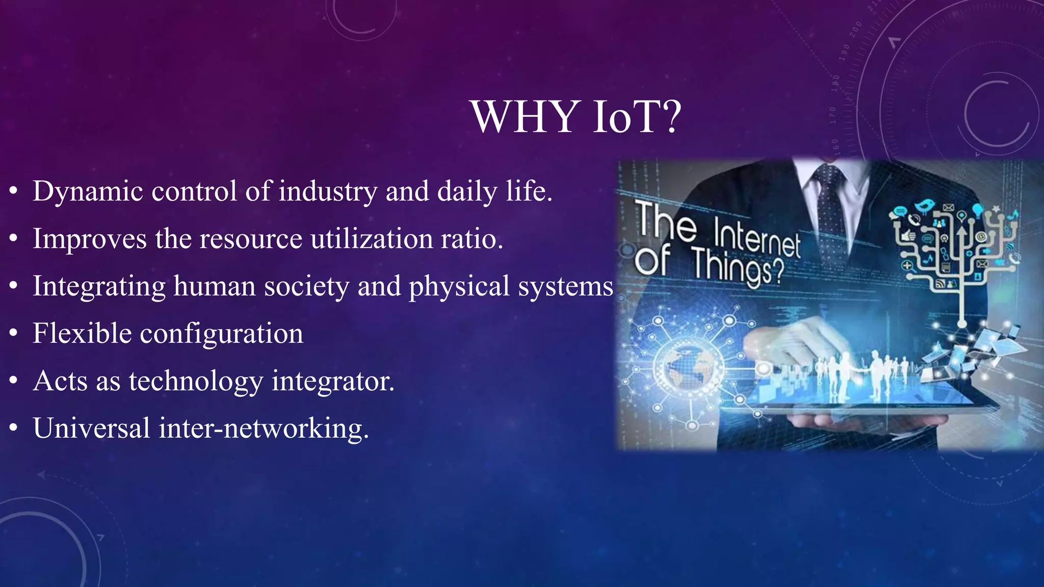 WHY IoT?
• Dynamic control of industry and daily life.
• Improves the resource utilization ratio.
• Integrating human society and physical systems
• Flexible configuration
• Acts as technology integrator.
• Universal inter-networking.
 