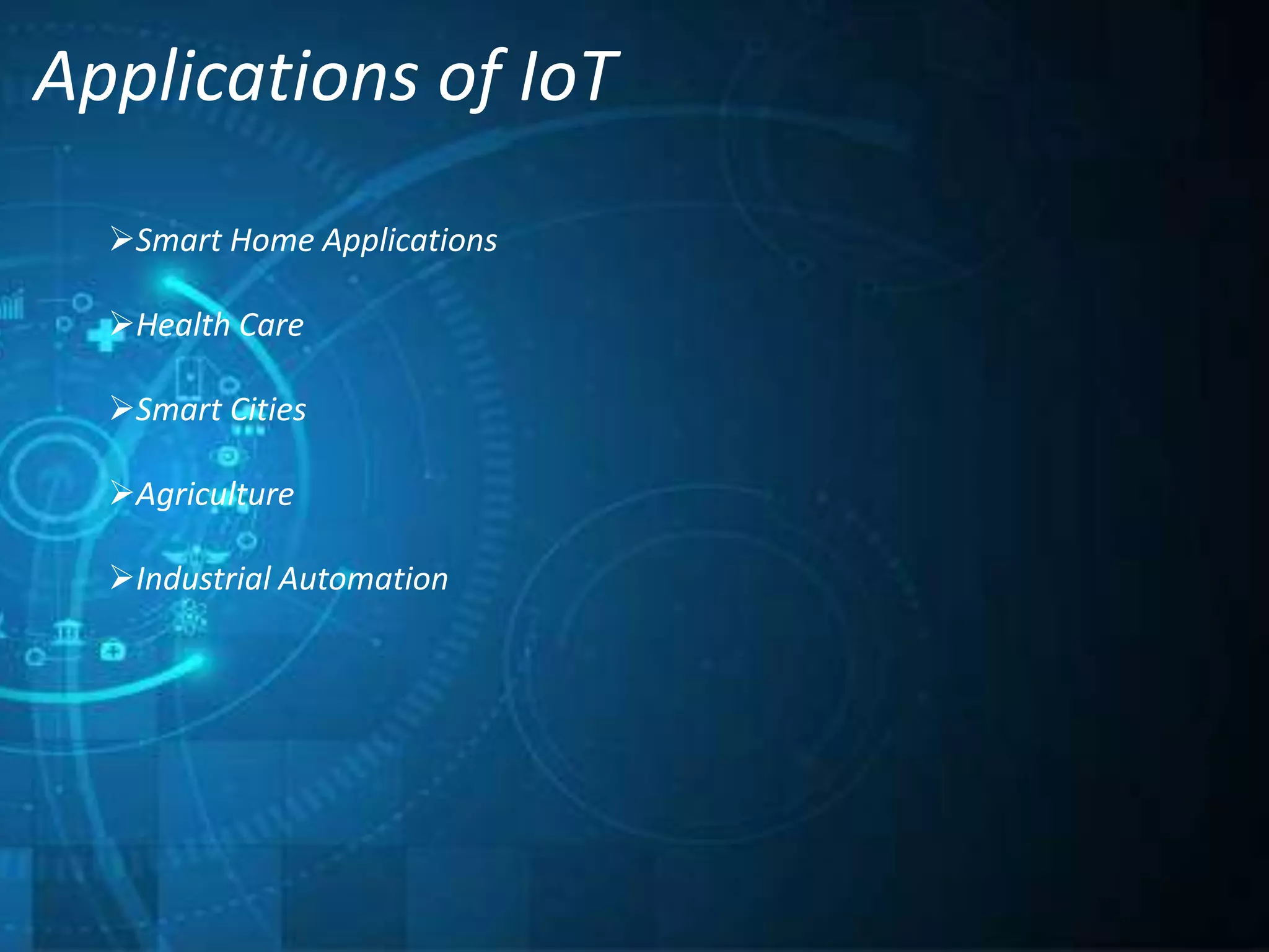 Applications of IoT
Smart Home Applications
Health Care
Smart Cities
Agriculture
Industrial Automation
 
