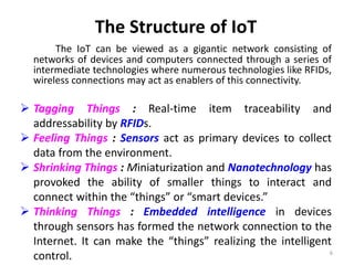 The Structure of IoT
The IoT can be viewed as a gigantic network consisting of
networks of devices and computers connected through a series of
intermediate technologies where numerous technologies like RFIDs,
wireless connections may act as enablers of this connectivity.
 Tagging Things : Real-time item traceability and
addressability by RFIDs.
 Feeling Things : Sensors act as primary devices to collect
data from the environment.
 Shrinking Things : Miniaturization and Nanotechnology has
provoked the ability of smaller things to interact and
connect within the “things” or “smart devices.”
 Thinking Things : Embedded intelligence in devices
through sensors has formed the network connection to the
Internet. It can make the “things” realizing the intelligent
control. 6
 