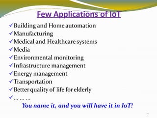 Few Applications of IoT
17
Building and Home automation
Manufacturing
Medical and Healthcare systems
Media
Environmental monitoring
Infrastructure management
Energy management
Transportation
Betterquality of life forelderly
... ... ...
You name it, and you will have it in IoT!
 