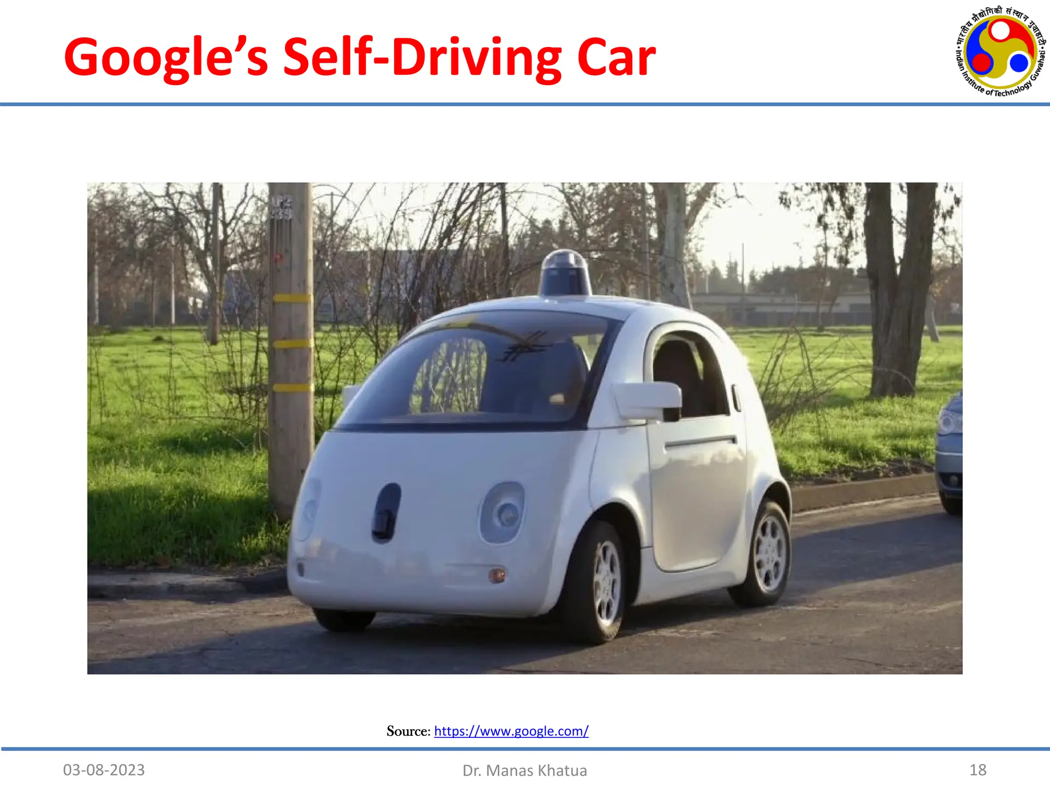 Google’s Self-Driving Car
03-08-2023 Dr. Manas Khatua 18
Source: https://www.google.com/
 