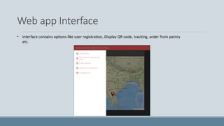 Web app Interface
• Interface contains options like user registration, Display QR code, tracking, order from pantry
etc.
 