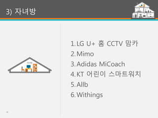 18
3) 자녀방
1.LG U+ 홈 CCTV 맘카
2.Mimo
3.Adidas MiCoach
4.KT 어린이 스마트워치
5.Allb
6.Withings
 