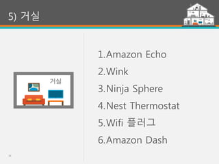 33
5) 거실
1.Amazon Echo
2.Wink
3.Ninja Sphere
4.Nest Thermostat
5.Wifi 플러그
6.Amazon Dash
 