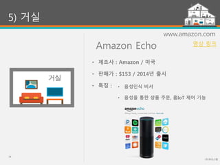 Amazon Echo
(주)위너스랩
34
5) 거실
www.amazon.com
• 음성인식 비서
• 음성을 통한 상품 주문, 홈IoT 제어 기능
• 제조사 : Amazon / 미국
• 판매가 : $153 / 2014년 출시
• 특징 :
영상 링크
 