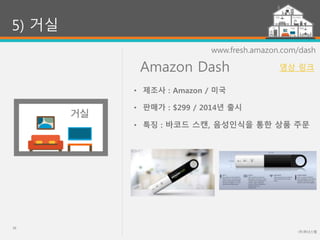 Amazon Dash
(주)위너스랩
39
5) 거실
www.fresh.amazon.com/dash
• 제조사 : Amazon / 미국
• 판매가 : $299 / 2014년 출시
• 특징 : 바코드 스캔, 음성인식을 통한 상품 주문
영상 링크
 