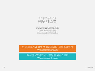 (주)위너스랩57
성공을 만드는 기업
㈜위너스랩
www.winnerslab.kr
CEO Woosang Dong
brucedong@winnerslab.kr
한국-중국기업 협업 엑셀러레이터, 위너스메이커
Winnersmaker.com
24시간 ICT비즈니스 상담실 위너스코치
Winnerscoach.com
 