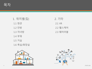 1. 위치별(집)
1.1 현관
1.2 안방
1.3 자녀방
1.4 부엌
1.5 거실
1.6 욕실/화장실
2. 기타
2.1 VR
2.2 헬스케어
2.3 웨어러블
목차
(주)위너스랩6
 
