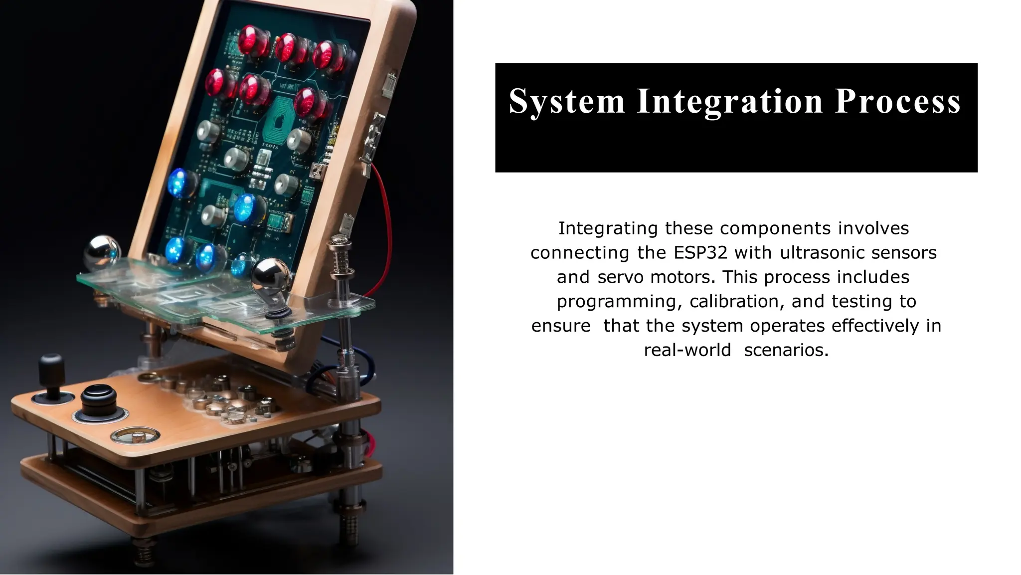 System Integration Process
Integrating these components involves
connecting the ESP32 with ultrasonic sensors
and servo motors. This process includes
programming, calibration, and testing to
ensure that the system operates effectively in
real-world scenarios.
 