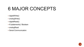 14
 digitalWrite()
 analogWrite()
 digitalRead()
 If (statements) / Boolean
 analogRead
 Serial Communication
 