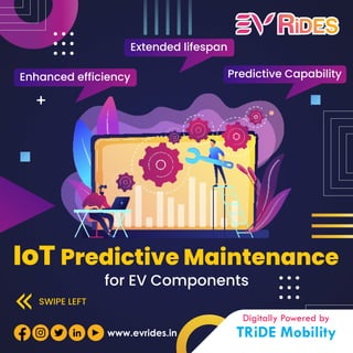 www.evrides.in
SWIPE LEFT
IoT Predictive Maintenance
for EV Components
Enhanced efficiency
Extended lifespan
Predictive Capability
 
