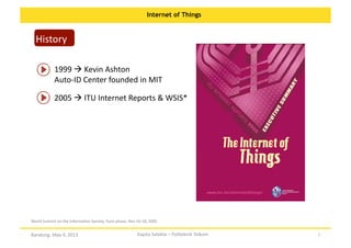 Internet of Things

History	
  
1999	
  	
  Kevin	
  Ashton	
  
Auto-­‐ID	
  Center	
  founded	
  in	
  MIT	
  
2005	
  	
  ITU	
  Internet	
  Reports	
  &	
  WSIS*	
  

World	
  Summit	
  on	
  the	
  InformaOon	
  Society,	
  Tunis	
  phase,	
  Nov	
  16-­‐18,	
  2005	
  

Bandung,	
  May	
  4,	
  2013	
  

Kapita	
  Selekta	
  –	
  Politeknik	
  Telkom	
  

7	
  

 