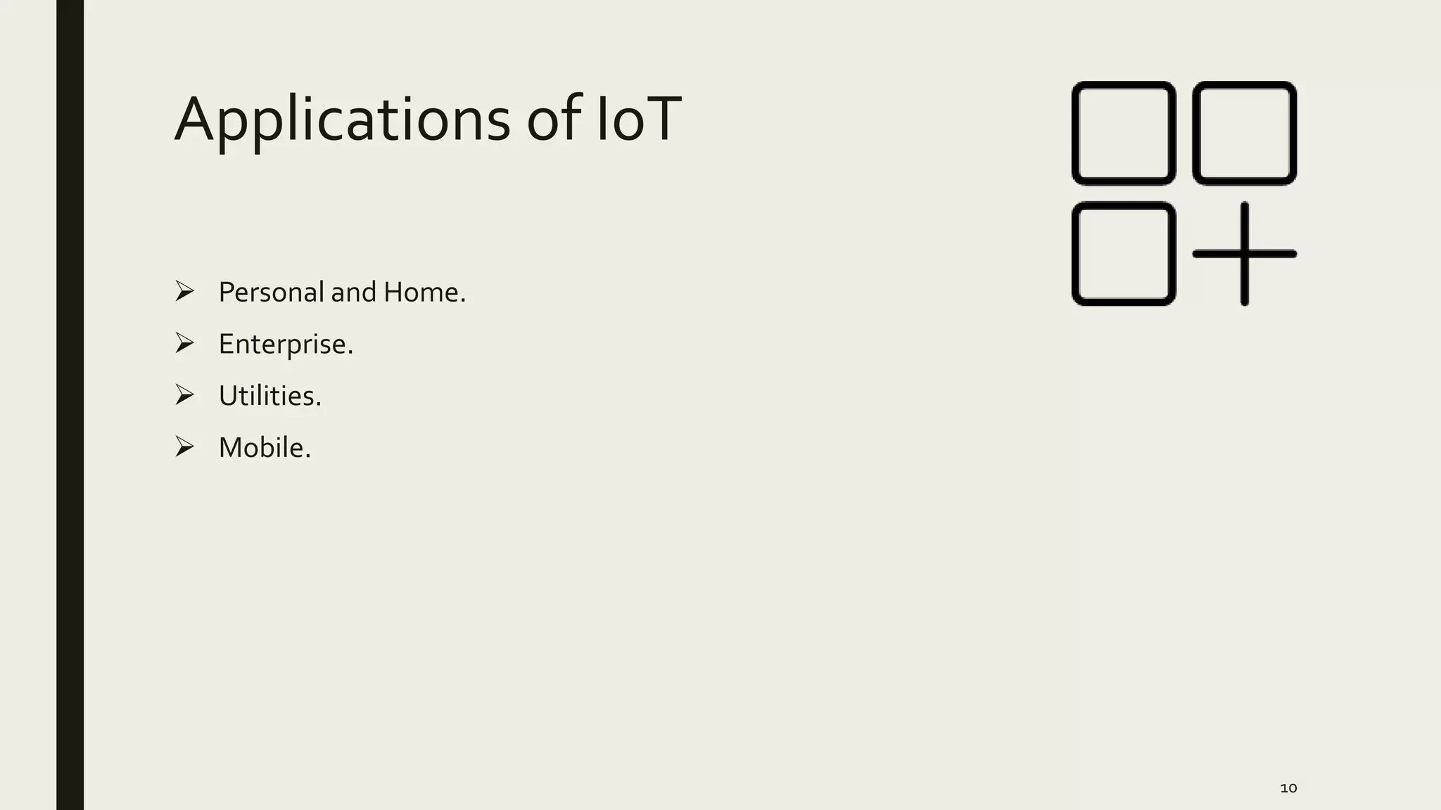 Applications of IoT
 Personal and Home.
 Enterprise.
 Utilities.
 Mobile.
10
 