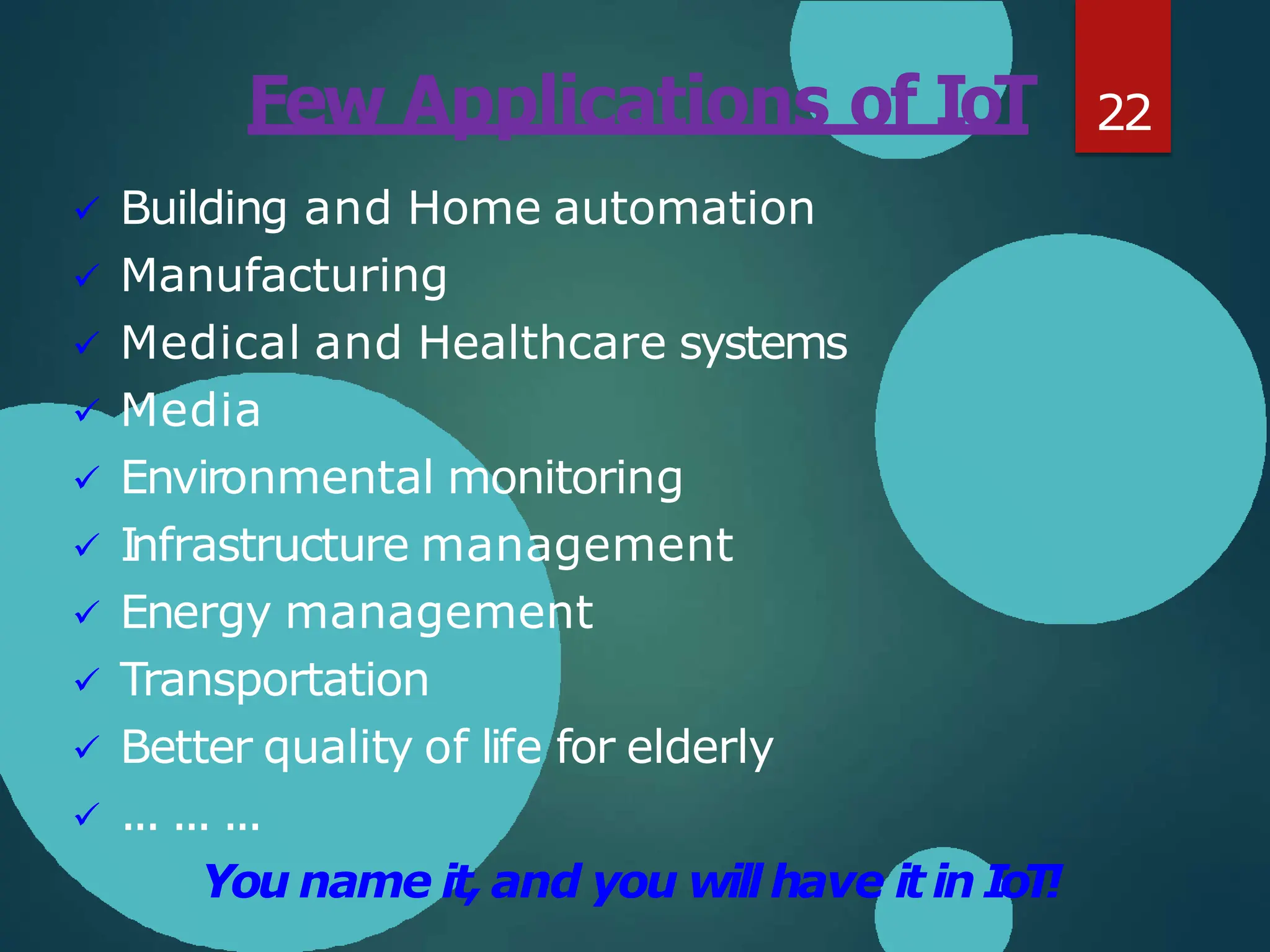 Few Applications of IoT
 Building and Home automation
 Manufacturing
 Medical and Healthcare systems
 Media
 Environmental monitoring
 Infrastructure management
 Energy management
 Transportation
 Better quality of life for elderly
 ... ... ...
You name it, and you will have itin IoT!
22
 