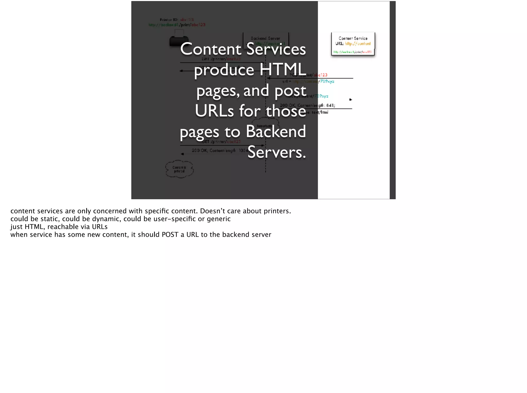 Content Services
produce HTML
pages, and post
URLs for those
pages to Backend
Servers.
content services are only concerned with speciﬁc content. Doesn’t care about printers.
could be static, could be dynamic, could be user-speciﬁc or generic
just HTML, reachable via URLs
when service has some new content, it should POST a URL to the backend server
 