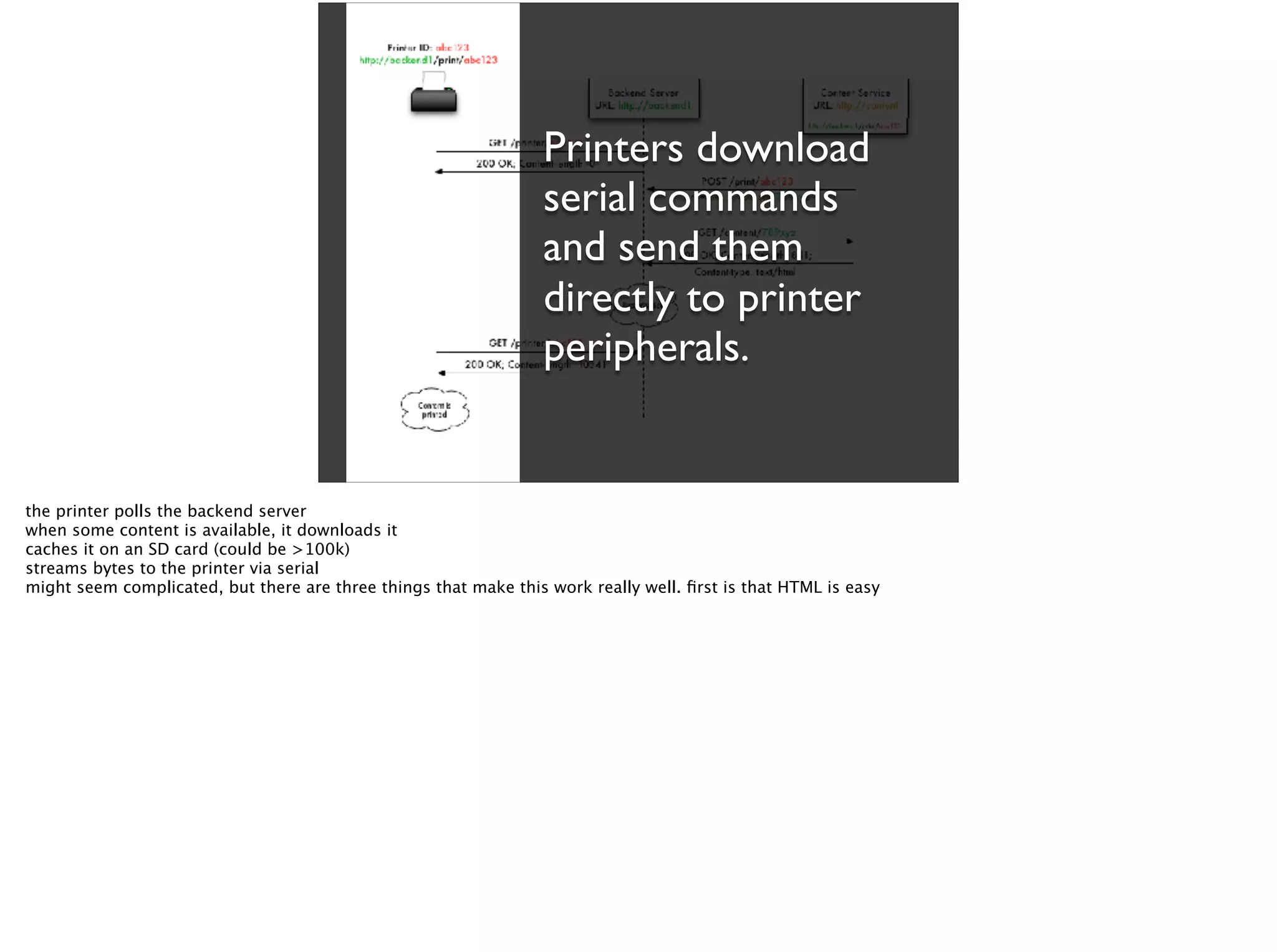 Printers download
serial commands
and send them
directly to printer
peripherals.
the printer polls the backend server
when some content is available, it downloads it
caches it on an SD card (could be >100k)
streams bytes to the printer via serial
might seem complicated, but there are three things that make this work really well. ﬁrst is that HTML is easy
 