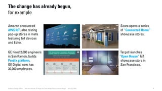 6Dubberly Design Office · How the Internet of Things (IoT) will shape future product design · June 22, 2016
The change has already begun,
for example
Amazon announced
AWS IoT, also testing
pop-up stores in malls
featuring IoT devices
and Echo.
GE hired 2,000 engineers
in San Ramon, builds
Predix platform,
GE Digital now has
30,000 employees.
Sears opens a series
of “Connected Home”
showcase stores.
Target launches
“Open House” IoT
showcase store in
San Francisco.
 