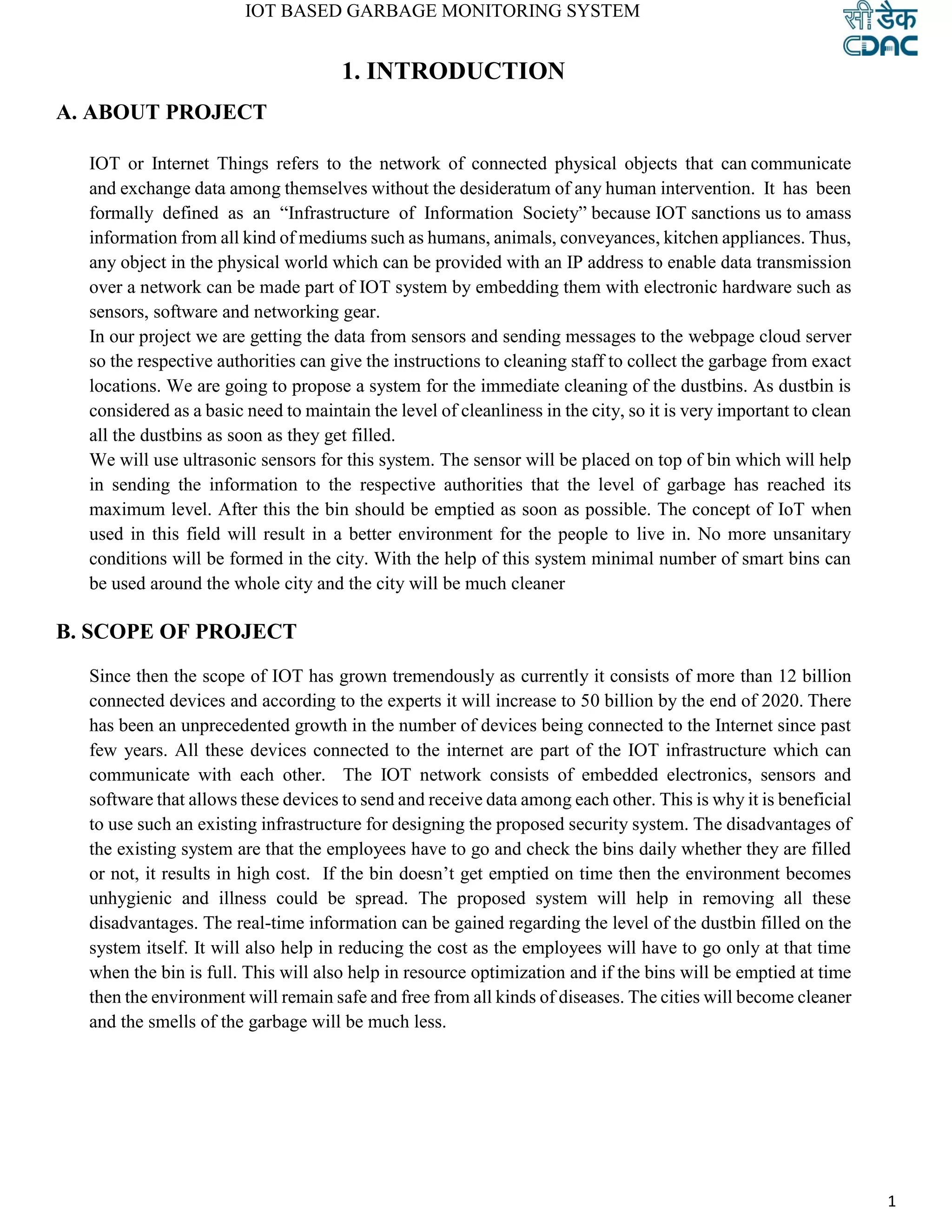 Project report on Iot Based Garbage Monitoring System | PDF