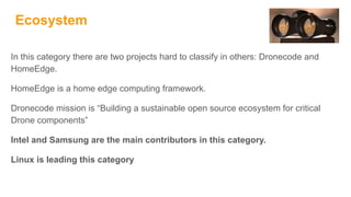 Ecosystem
In this category there are two projects hard to classify in others: Dronecode and
HomeEdge.
HomeEdge is a home edge computing framework.
Dronecode mission is “Building a sustainable open source ecosystem for critical
Drone components”
Intel and Samsung are the main contributors in this category.
Linux is leading this category
 