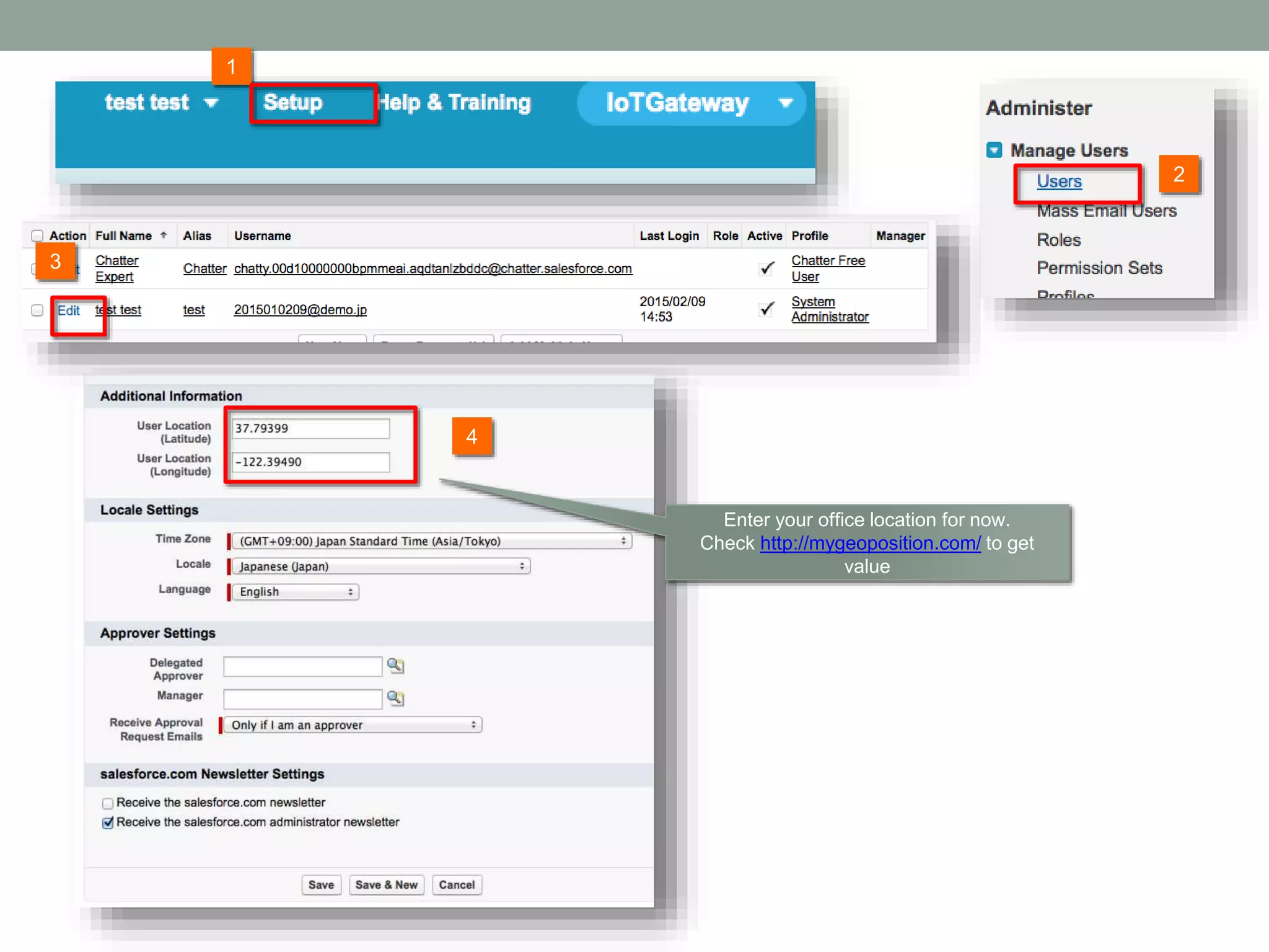 2 1 3 Enter your office location for now. Check http://mygeoposition.com/ to get value 4 