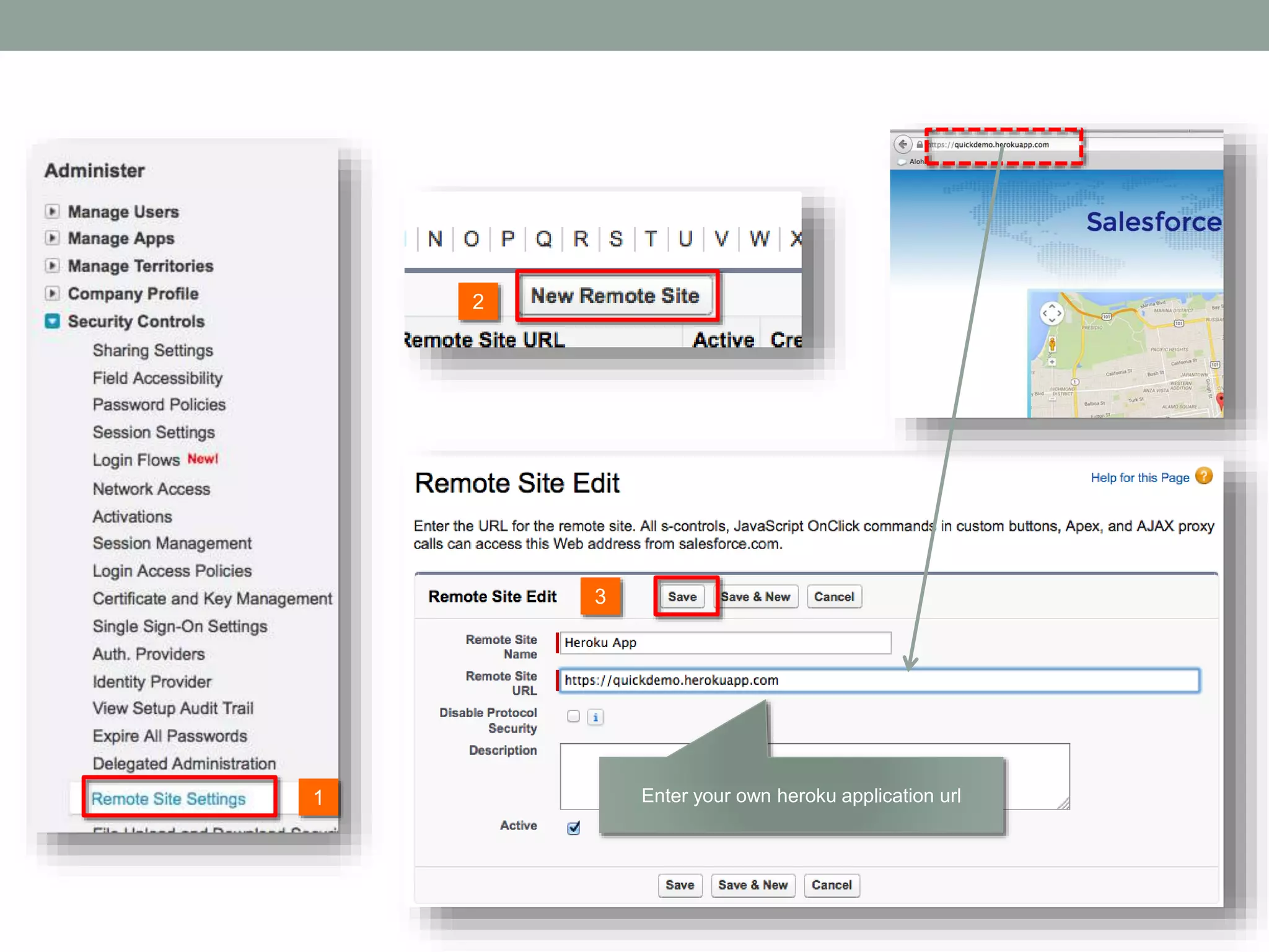 2 1 3 Enter your own heroku application url 
