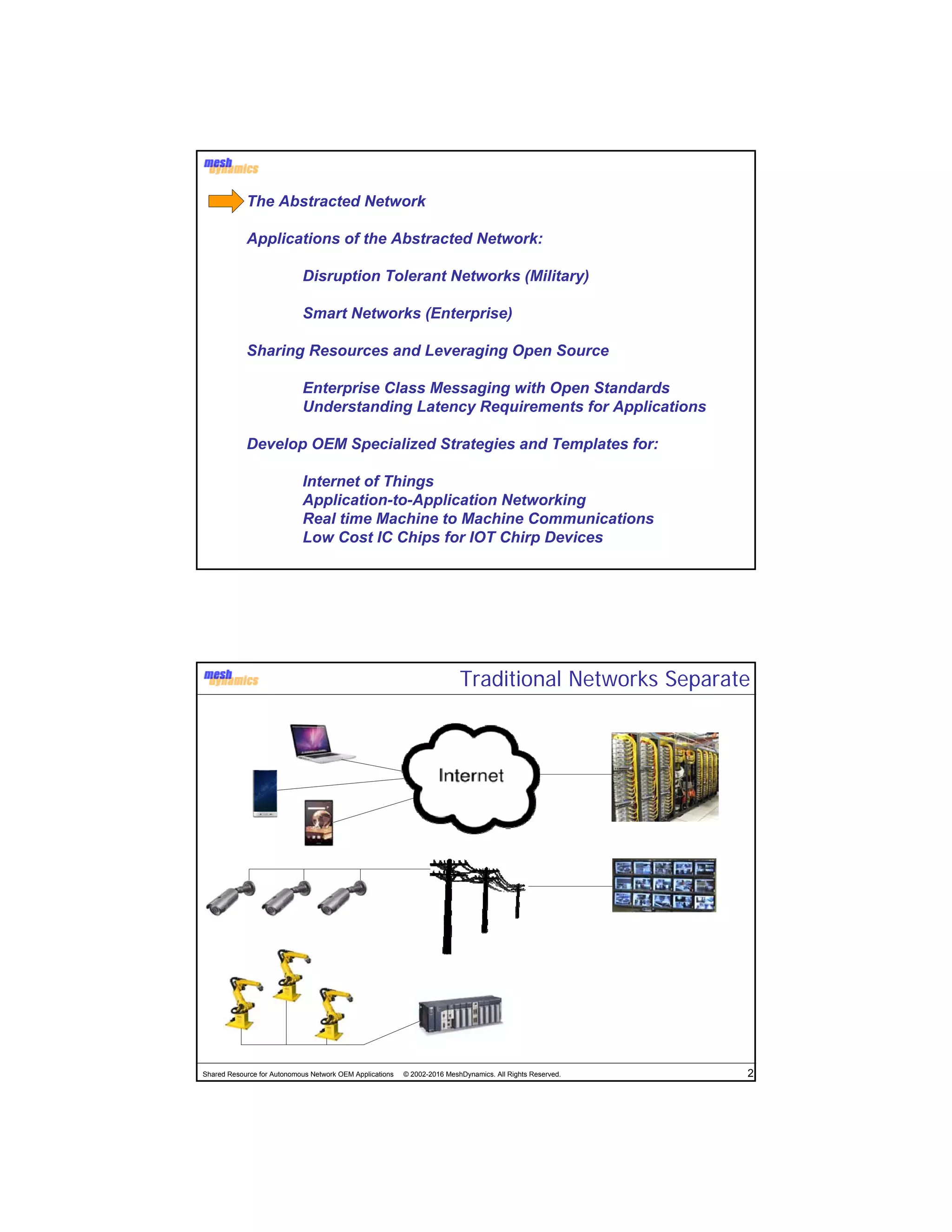 The Abstracted Network
Applications of the Abstracted Network:
Disruption Tolerant Networks (Military)
Smart Networks (Enterprise)
Sharing Resources and Leveraging Open Source
Enterprise Class Messaging with Open Standards
Understanding Latency Requirements for Applications
Develop OEM Specialized Strategies and Templates for:
Internet of Things
Application-to-Application Networking
Real time Machine to Machine Communications
Low Cost IC Chips for IOT Chirp Devices
Shared Resource for Autonomous Network OEM Applications © 2002-2016 MeshDynamics. All Rights Reserved. 2
Traditional Networks Separate
 