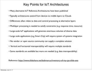 Key Points for IoT Architectures
• Many alternative IoT Reference Architectures have been published
• Typically architectures extend from devices to middle layers to Clouds
• Differences often relate to data and control processing at alternative layers
• Multilayer processing is needed to satisfy constraints (e.g. response time, resource)
• Large-scale IoT applications will generate enormous volumes of diverse data
• Large scale applications (e.g. Smart City) will require system of systems integration
• No vendor or open source community can supply a complete solution
• Vertical and horizontal interoperability will require multiple standards
• Some standards are available but more are needed (e.g. data interoperability)
Reference: https://www.slideshare.net/bobmarcus/inventory-of-my-cps-slide-sets
Thursday, June 15, 17
 